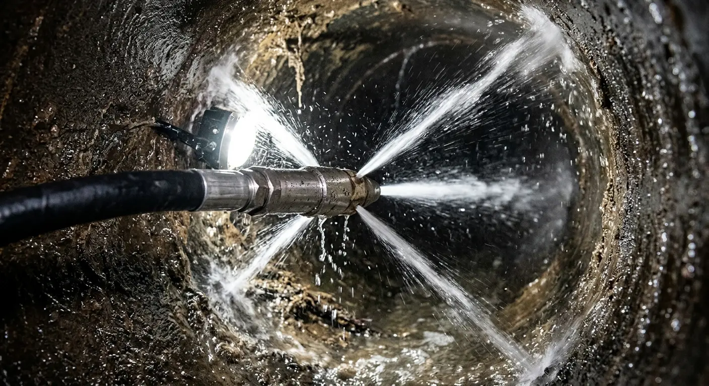 High-pressure hydro jetting nozzle cleaning sewer pipe for Trenchless Sewer Repair in San Juan