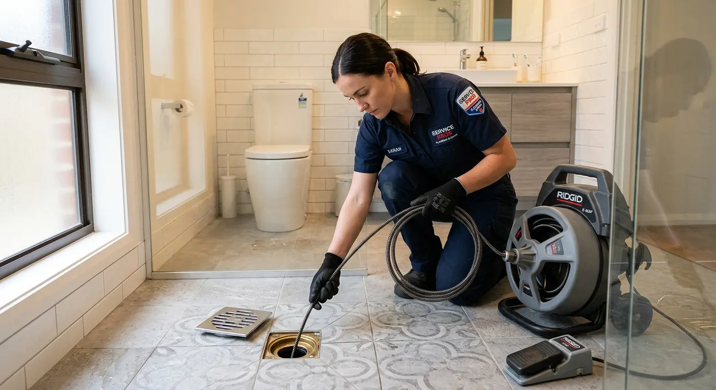 Technician clearing a bathroom floor drain for Clogged Drain Repair in San Juan